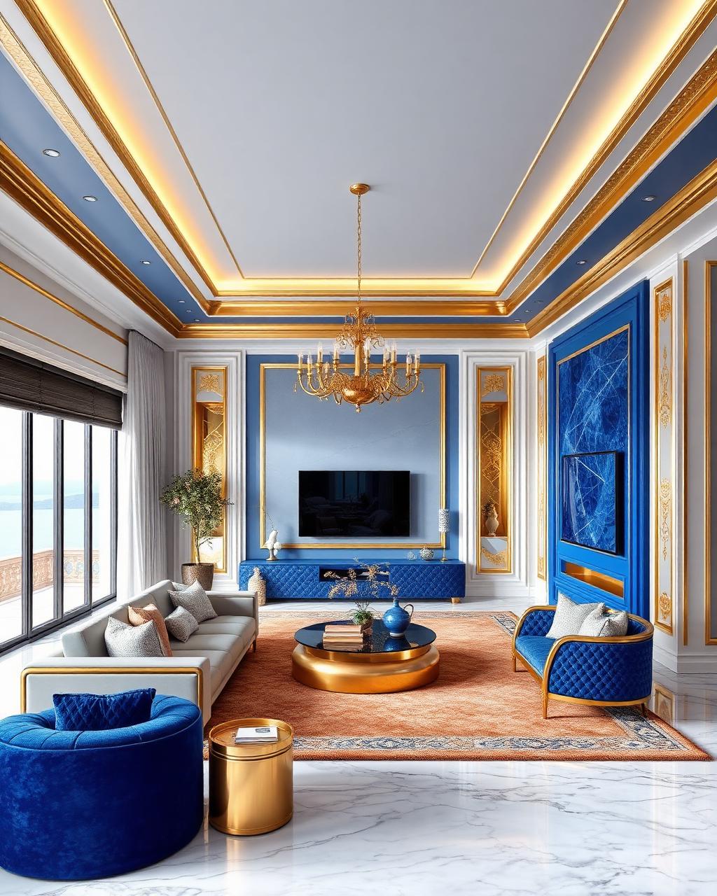 Royal blue and gold living room